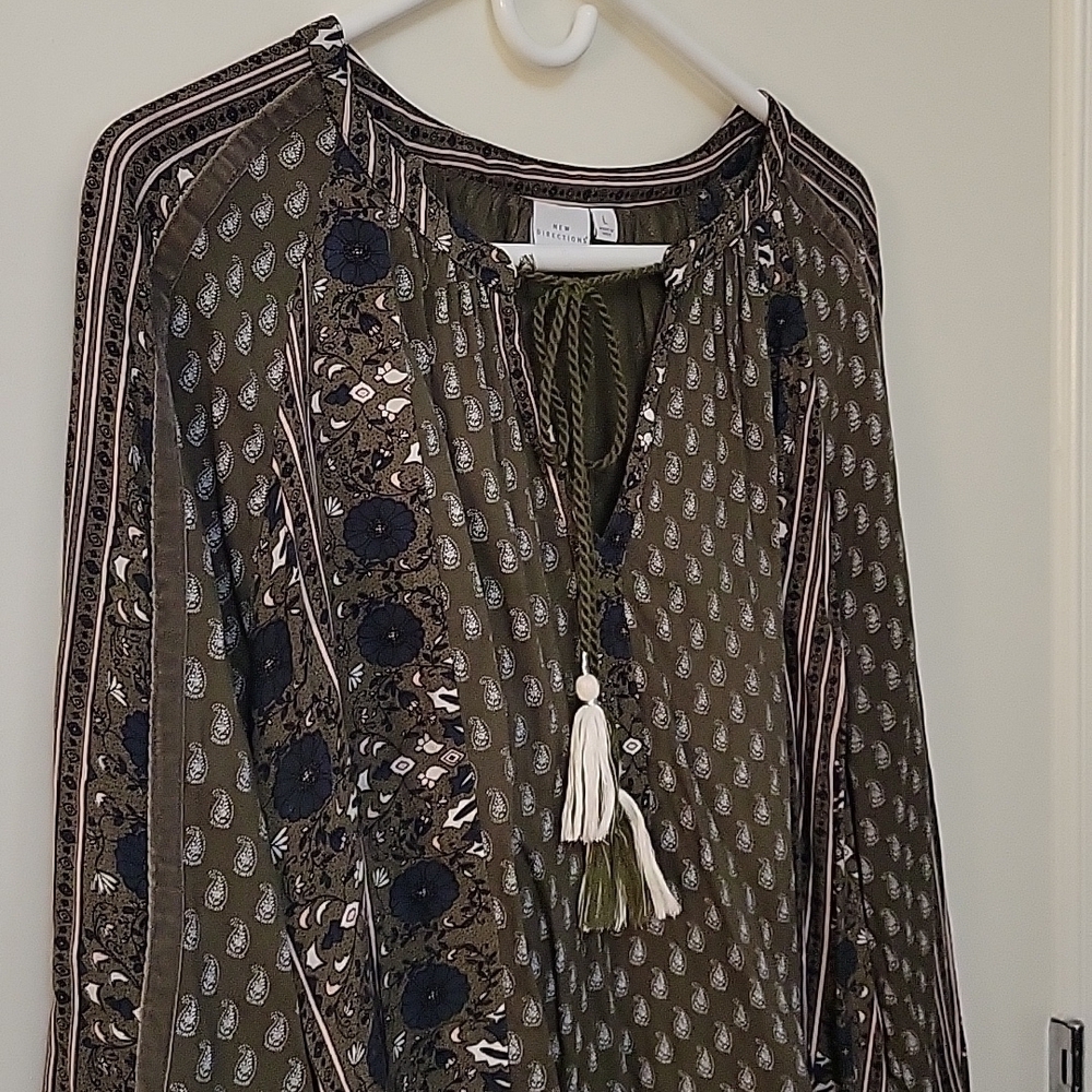 New DIRECTIONS Olive Green Floral Paisley Peasant Long Sleeve Hippy Tunic - Picture 3 of 12